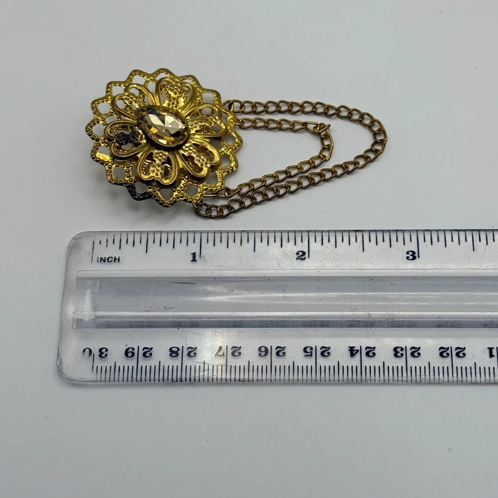 Vintage Gold Tone Sweater Guard Cardigan Clip Filigree Rhinestone Double Chain